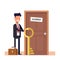 Businessman or manager with more keys standing near the closed door. The concept of solving the problem. Flat character