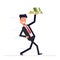 Businessman or manager promptly comes with a tray and money in hand. Joyful young man running in business suit. Vector