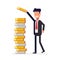 Businessman or manager puts money and coins in a pile. Calculation of financial return. Earned capital. Vector