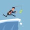 Businessman or manager is running after money to a steep cliff. Inattentive man in business suit goes the edge of the