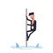 Businessman or manager saved from sharks climbing the pole. Man afraid of predatory fish. Vector, illustration EPS10.