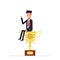 Businessman or manager is sitting on a big cup. Man in business suit won first place and received the prize. Vector