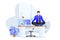 Businessman manager sitting in lotus pose on office desk. Office yoga break. Vector illustration. Relaxing time at work