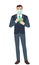 Businessman with medical mask counts the money. Full length portrait of Businessman in a flat style