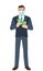 Businessman with medical mask counts the money. Full length portrait of Businessman in a flat style