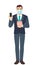 Businessman with medical mask holding mobile phone and piggy bank. Full length portrait of Businessman in a flat style