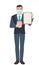 Businessman with medical mask holding piggy bank and clipboard. Full length portrait of Businessman in a flat style