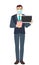 Businessman with medical mask holding a piggy bank and digital tablet. Full length portrait of Businessman in a flat style