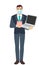 Businessman with medical mask holding a piggy bank and laptop notebook. Full length portrait of Businessman in a flat style