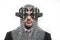 businessman with medieval executioner in metal and silver glasses. concept of protection of savings and money