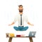 Businessman meditates and hovers over workplace. Concept of meditation. Yoga pose. Cartoon style vector illustration.