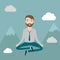 Businessman meditating in the sky. Keep calm, make right decisions and be successful in your business concept. Vector illustration