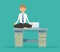 Businessman meditating yoga lotus in office, financial job and relaxation cartoon vector illustration.