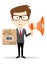 Businessman with a megaphone carrying a paper box, business moving concept