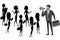 Businessman with a megaphone and silhouettes of women, teamwork