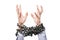 Businessman with metal chain tied hands raised for rescue help