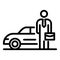 Businessman near car icon, outline style