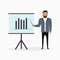 Businessman near screen board with pointer in hand. Concept of business presentation, seminar, training or reports. Vector.