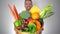 Businessman offer fresh organic fruits healthy natural vegetables basket portrait