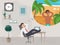 Businessman in office dreaming about vacation on tropical island travel holiday vector illustration.