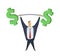 Businessman in office suit lifting up the barbell with big dollar-signs as weight. Achieving goals. Making money