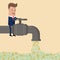 Businessman open money flow from faucet. Vector illustration