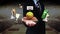 Businessman open palm, Around basketball icon, court, goalpost.