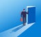 Businessman opening secret door. Opportunity, accessible entering. Risk solution and leadership business vector concept