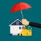 A businessman opens an umbrella to protect his home and money. asset protection concept