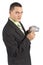 Businessman with palmtop / mobile - showing