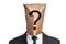 Businessman with a paper bag on the head with question mark