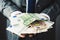 Businessman with a pile of euro banknotes