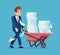 Businessman with a pile of papers. Cartoon man carrying cart with stacks of documents, time management deadline