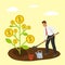 Businessman plants golden dollars money tree coins vector illustration. Man in business clothes, shovel, pot, watering