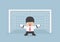 Businessman playing goalkeeper standing in front of goal ready t