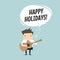Businessman is playing a guitar and sing Happy Holidays.