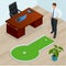 Businessman playing mini golf in his office. Perfect for products such as t-shirts, pillows, album covers, websites