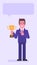 Businessman pointing finger at golden cup and smiles