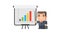Businessman points on flip chart with growth graph funny character