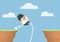 Businessman pole vault across the cliff but he fail