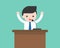 Businessman or politician speaking on podium with microphone, bu