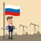 Businessman or politician under the flag of Russia against the backdrop of oil pumps. Vector illustration