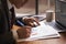 Businessman preparing a document, close up, side view