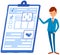 Businessman presents checklist with results of social surveys, customer data, task done list