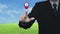 Businessman pressing map pin point location button over green grass field with blue sky, Map pointer navigation online concept