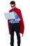 Businessman pretending to be a super hero using laptop