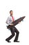 Businessman pretending to play guitar on a longboard