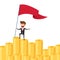 Businessman proudly standing on money stack and set a red flag. Investment and saving concept. Increasing capital and profits.