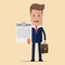 Businessman proudly standing and showing a diploma. Vector illustration