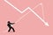 Businessman pulling a falling arrow graph chart from further dropping down.